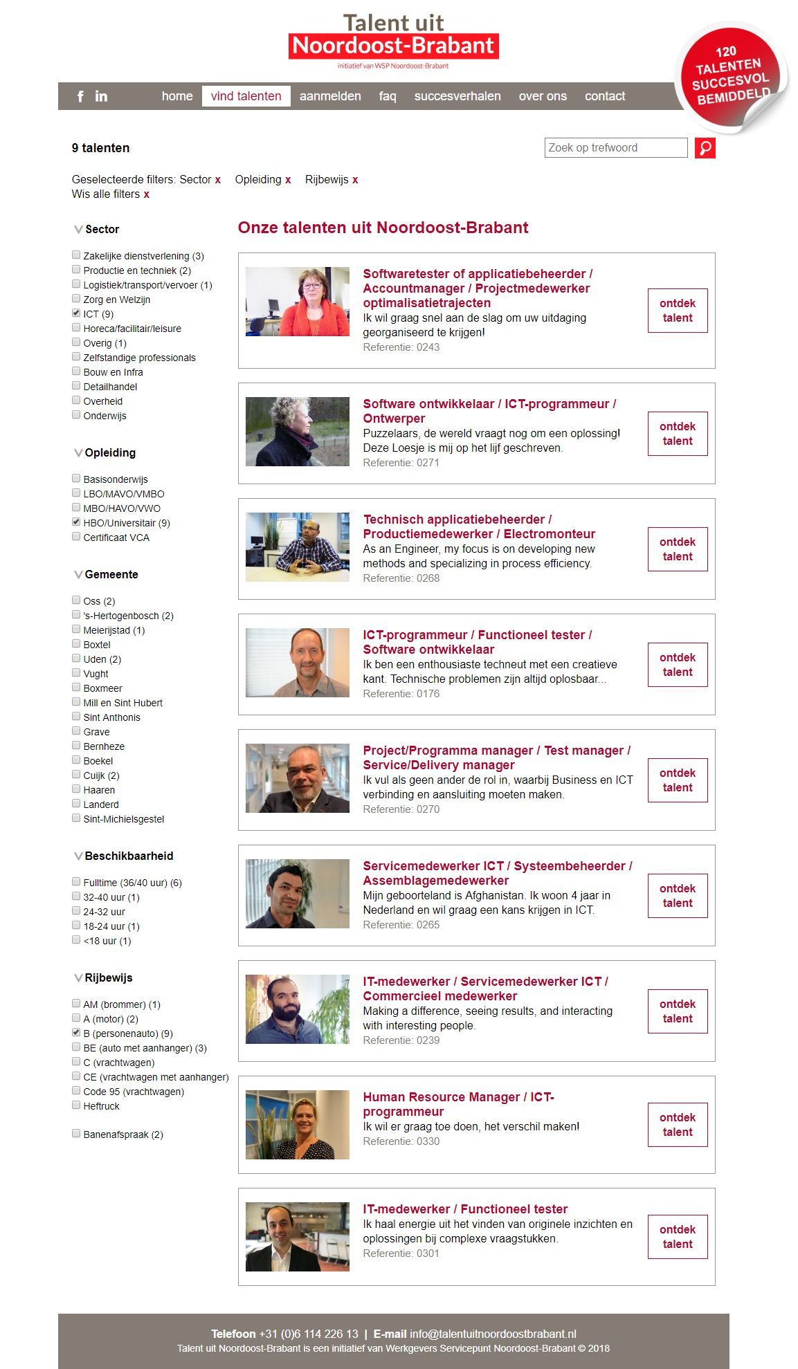 Zoekpagina met filters op sector, opleiding, gemeente en rijbewijs