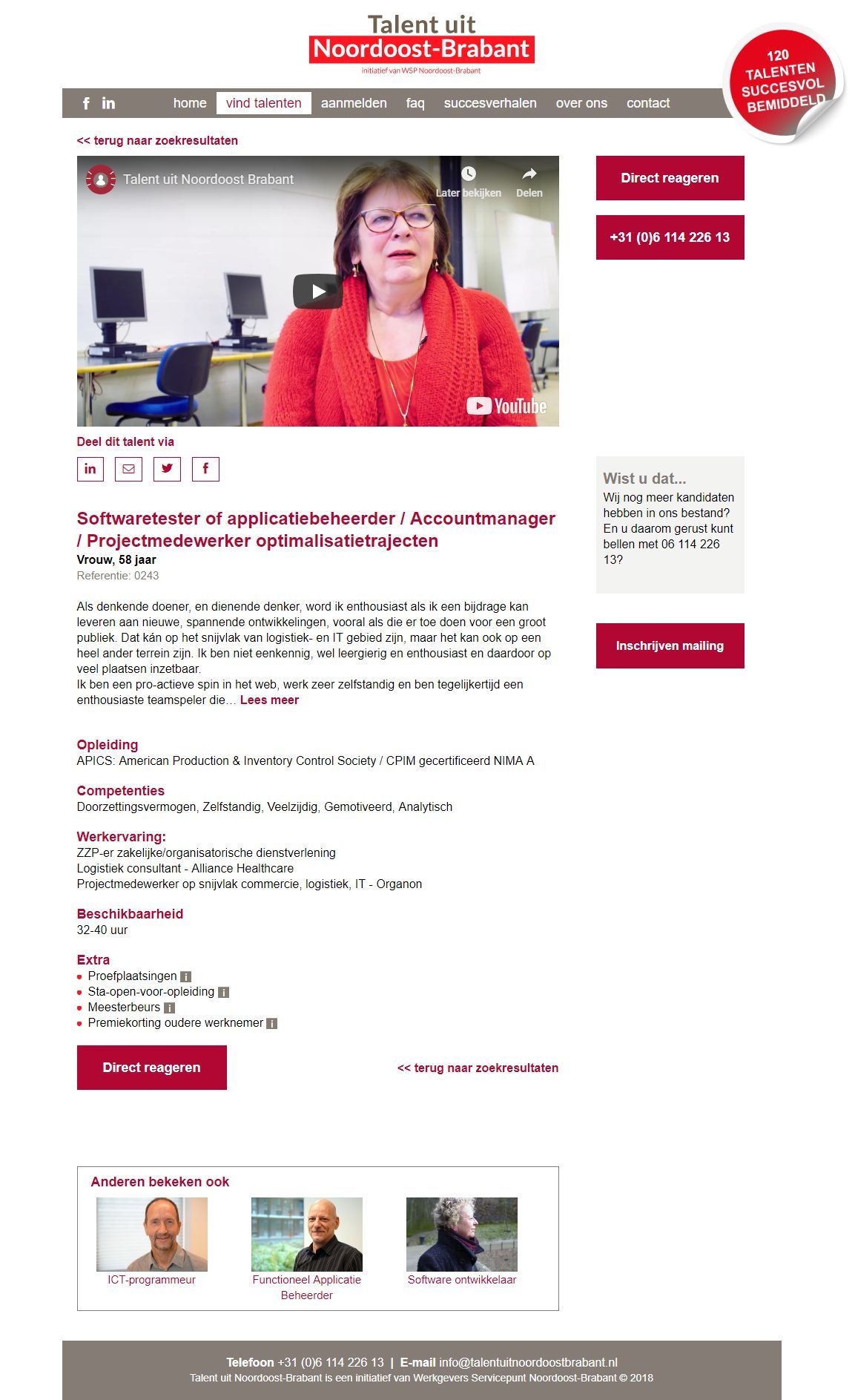 Individuele profielpagina met introductievideo en persoonlijke gegevens