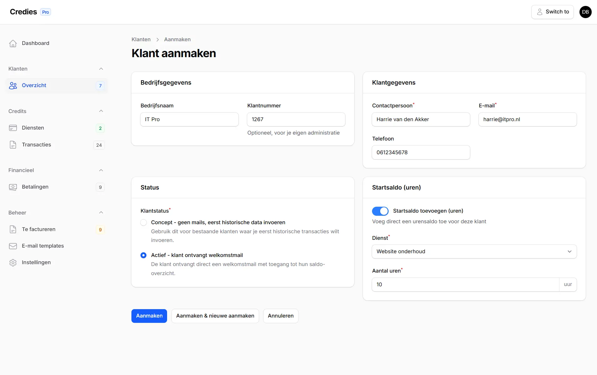 Klant aanmaken met startsaldo