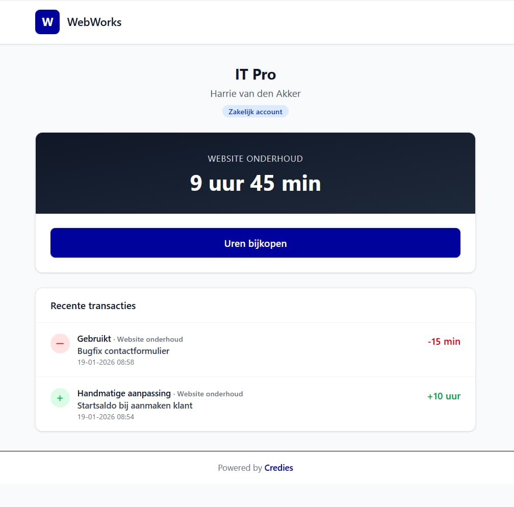 Persoonlijke klantpagina met saldo en transacties
