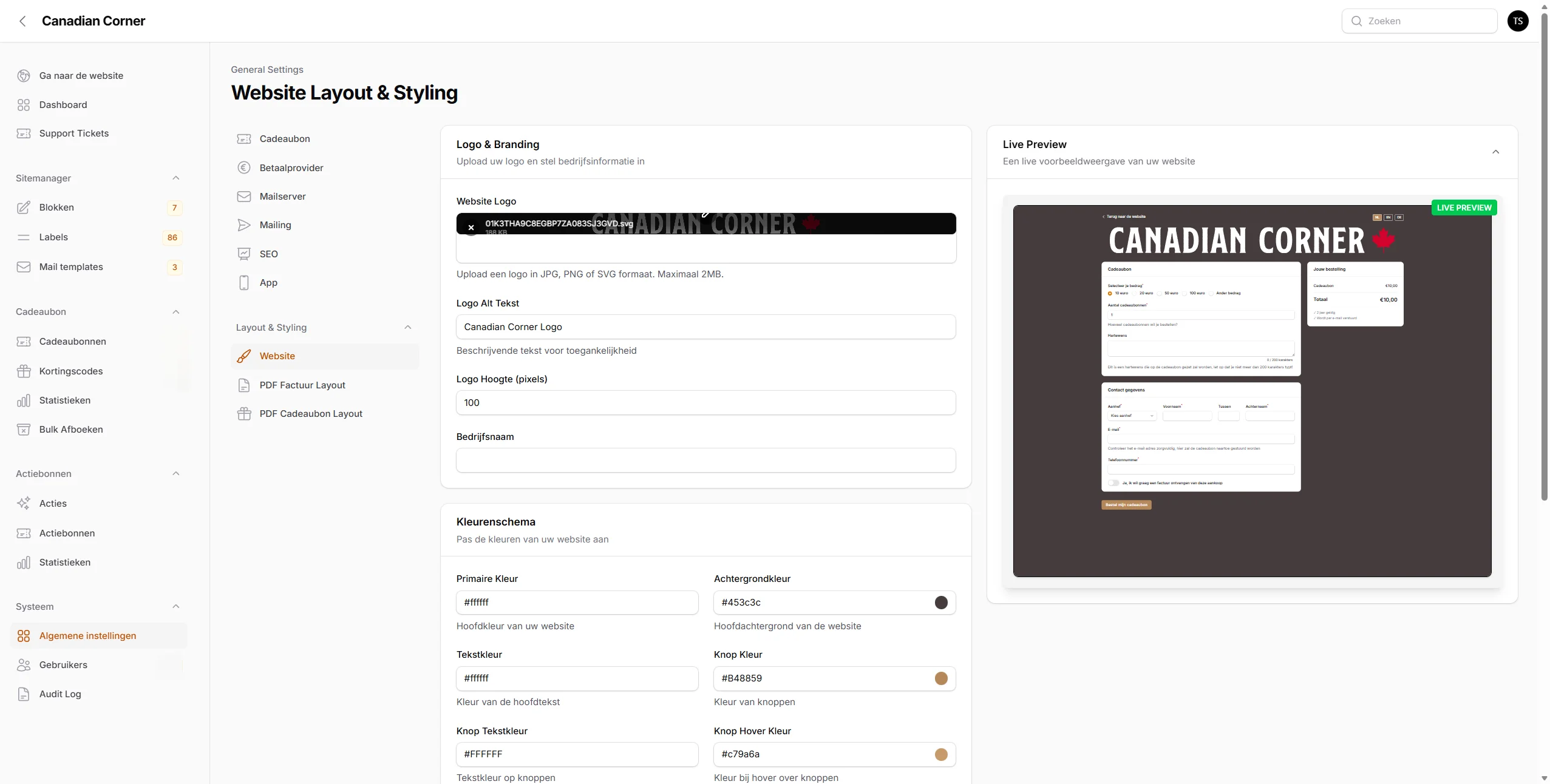Website branding & instellingen